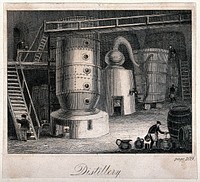 Chemistry: an industrial distillery, in Scotland . Engraving, early 19th century.