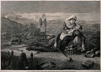 Franco-Prussian War: two nurses treating a wounded German soldier on the battlefield. Wood engraving by W. Hollidge after Princess Louise.