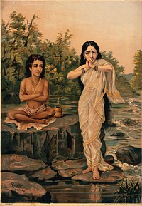 Shukra and Rambha. Chromolithograph by R. Varma, 1894.