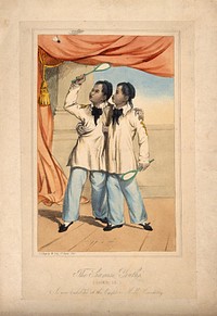Chang and Eng the Siamese twins, aged eighteen, playing badminton. Lithograph.