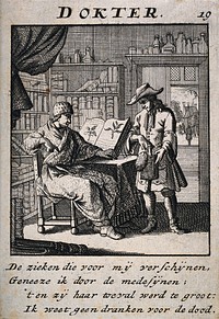 A physician talking to a patient about his illness, the patient is holding a basket containing a urine flask. Engraving.