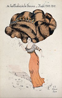 A woman with her hair dressed in an enormously high chignon standing in a field and blowing the head off a dandelion. Coloured line block by Robé .