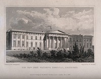 The New John Watson's Hospital, Edinburgh, Scotland. Line engraving by W. Watkins, 1830, after T.H. Shepherd.