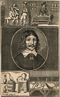 Thomas Brugis: his portrait, with vignettes of the work and equipment of the surgeon and apothecary. Line engraving by T. Cross.