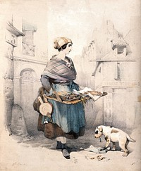 A woman is selling fish from a large flat basket strapped to her waist and the dog is eating some scraps. Coloured lithograph. [S. Narahn].