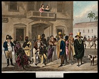 Rio de Janeiro: young children are being sold as slaves to men in cloaks and wide hats. Aquatint by Edward Finden, 1824, after Augustus Earle, ca. 1820.