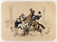 Two horses and their riders collide head-on, in a park . Coloured lithograph by A. Strassgschwandtner after himself, ca. 1860.