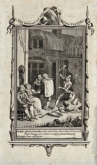 Episode in "The Knight of the Burning Pestle": a man with a barber's bowl beneath his chin is about to be clubbed by a knight in armour; a man stands immediately behind him, to the left is a seated couple, to the right a man who has been knocked down, and in the foreground the audience looks on. Etching by C. Grignion after M. Rooker.