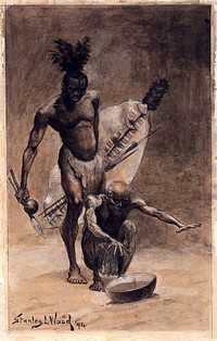 The prophecy of Masuka: an African medicine man or shaman of the Nkose watching the future in a bowl. Painting by Stanley Wood, 1894.