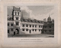 Pembroke College, Oxford: quadrangle. Line engraving by J. Le Keux, 1836, after F. Mackenzie.