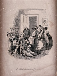 An episode in Nicholas Nickleby by Charles Dickens: a crowd gathers around Mr Mantalini who has attempted to poison himself. Etching after Phiz (Hablot K. Browne).