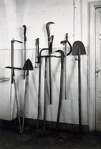 The anti-malaria school, Nettuno, Italy: large wooden-handled metal tools used in malaria control work. Photograph, 1910/1937 .