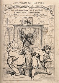 Lord North and Fox excreting into a pan bearing the Royal Arms, a little devil is mixing the stench between them; implying the appalling effects of the coalition government. Etching by J. Gillray, 1783.