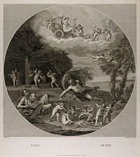Vulcan in his forge with Jupiter throwing bolts of lightning, Venus in the sky above, symbolising the element fire. Etching by F. Bartolozzi, 1796, after F. Albani.