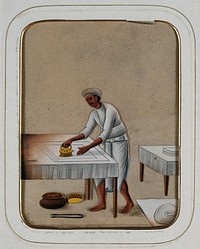 A man ironing clothes. Gouache painting on mica by an Indian artist.