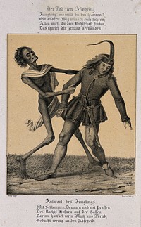 The dance of death at Basel: death and the young man. Lithograph by G. Danzer after H. Hess.
