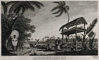 Tahiti: a funerary monument (toupapow) with a corpse on it, encountered by Cook on his second voyage, 1772-1775. Engraving by W. Woollett after W. Hodges, 1 February 1777.