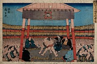 A sumo contest in the precinct of EkÅin temple in Edo. Colour woodcut by Hiroshige, 1849/1850.