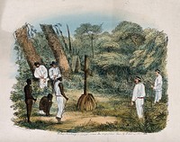Bishop Charles Mackenzie's grave with the cross placed there by David Livingstone; Europeans and Africans nearby. Anastatic print.