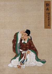A Chinese seated figure with grey beard and black hat, hand on forehead. Painting by a Chinese artist, ca. 1850.