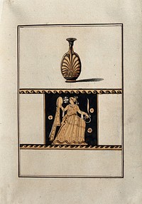 Above, red-figured Greek perfume jar (lekythos) decorated with a palm motif; below, detail of the decoration showing a lavishly dressed woman holding various objects. Watercolour by A. Dahlsteen, 176- .