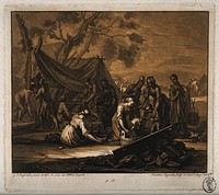 A group of female travellers washing and taking care of a new born baby while the mother recovers in a tent. Coloured aquatint by C. Rugendas after G. Rugendas I, 1702.