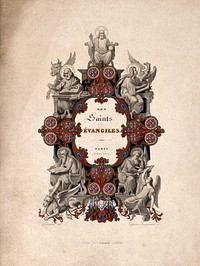 Saint Mark, Saint Luke, Saint John the Evangelist and Saint Matthew; above, Christ in majesty Coloured engraving by C. Jacquemin after Langlois.
