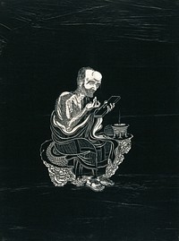 A Lohan (disciple of Buddha), seated on a rock beside an incense-burner , holding a tablet. Woodcut in the manner of an ink stone rubbing, China, 18--.
