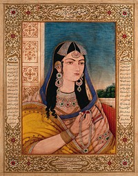 A Mughal empress or member of a royal family holding a necklace. Gouache painting by an Indian painter.