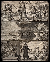 God's protection in various forms of distress: the angel of the Lord guides Moses and Aaaron who lead the people on a journey; good weather after a thunderstorm; a man prays for a doctor to be called to a sick bed. Etching.
