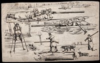 Four different ways of dealing with water during a fowl-hunting shoot: the hunter lying on ice, the hunter hiding in a boat, the hunter on stilts and the hunter using a pole as a bridge. Soft-ground etching by H. Alken, 1824.