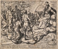 Satan and the sons of God appear before God and challenge him to induce Job to curse God. Engraving by P .Galle, 1563, after M. van Heemskerck.