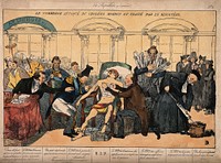 Mercury lies dying from cholera, surrounded by ministers; representing the sickly state of the French economy in the 1830s. Coloured etching, c. 1832.