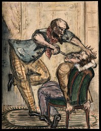 A tooth-drawer extracting a tooth from an agonized patient. Coloured chalk drawing.