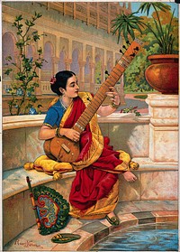 A seated Indian woman plays a sitar next to a garden pond. Chromolithograph after Ravi Varma,1800s.