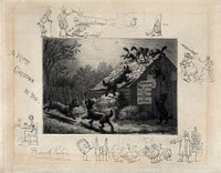 A scene showing a group of cats seeking refuge from dogs on the roof of a barn, is surrounded by vignettes with humourous subjects. Etching by F. Paton.