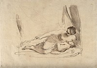 A woman lying down breast-feeding her baby. Etching by F. Bartolozzi after G.F. Barbieri, il Guercino.