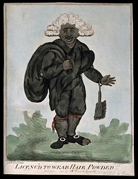 A laughing chimney sweep covered in soot except for his white wig which is glowing with hair powder. Coloured etching by W. Hanlon, 1795, after G.M. Woodward.