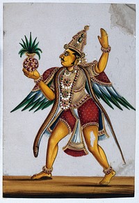 Garuda, Vishnu's vehicle, holding a pot of amrita in his hand. Gouache painting on mica by an Indian artist.
