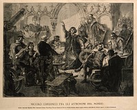 Nicolas Copernicus among other astronomers of the world. Process print after a wood engraving by J. Styfi and J. Holewinski, 18--, after M.E. Andirolli, 1873.
