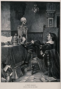 A jester contemplates a skeleton. Wood engraving after Paul Stade, 1884.