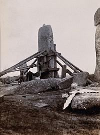 Stonehenge, England: the straightening of a leaning stone which is attached to a wooden frame and supported by beams: raised upright. Photograph, 1901.