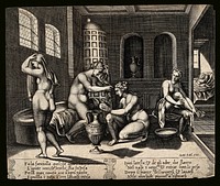 The story of Cupid and Psyche: inside the palace, Psyche, shown five times, is undressed, bathed, anointed, dried and laid to bed by invisible nymphs. Engraving by Agostino Veneziano, 15--, after M. Coxie, 153-.