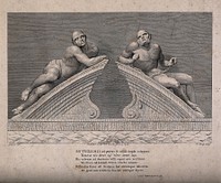 Statues of "raving" and "melancholy" madness, each reclining on one half of a broken segmental pediment, formerly crowning the gates at Bethlem [Bedlam] Hospital. Engraving by W. Sharp, 1783, after T. Stothard after C. Cibber, 1680.
