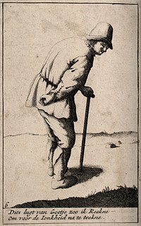 An old man leaning on a stick is walking along the road in the open country. Etching.