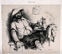 A seated man smoking with a tankard on the table by his side. Reproduction of an etching by A. Pajou, 1878 , after J. L. Meissonier, 1858.