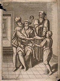 A surgeon bleeding a man's arm, he is observed by an older surgeon and aided by an assistant. Engraving, 1586.