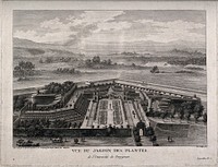 Jardin des Plantes, Perpignan: bird's eye view. Line engraving by F.D. Née, 1786, after L.N. de Lespinasse after Margoüet.