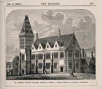 St. Peter's Parish Church Schools, Leeds, Yorkshire. Wood engraving by W.E. Hodgkin, 1856, after B. Sly after Messrs. Dobson and Chorley.