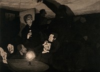 People gathered around a candle-lit table; one man, held by another appears terrified, one person holds a glass, and a large figure looms in the background. Aquatint. by K. Hofer, 1899.